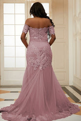 Pink Off Shoulder Tulle Appliques Side Slit Bespoke Prom Dresses